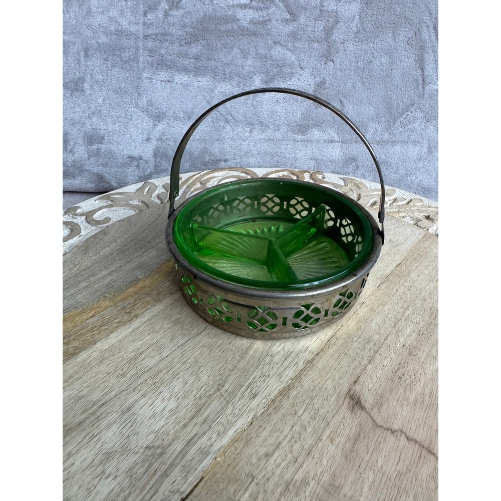 Vintage Green Depression Glass‎ Divided Candy Dish in Silver Filigree Basket